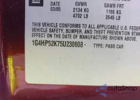 2005 Buick Lesabre Custom z USA, uszkodzony, nr VIN 1G4HP52K75U230608